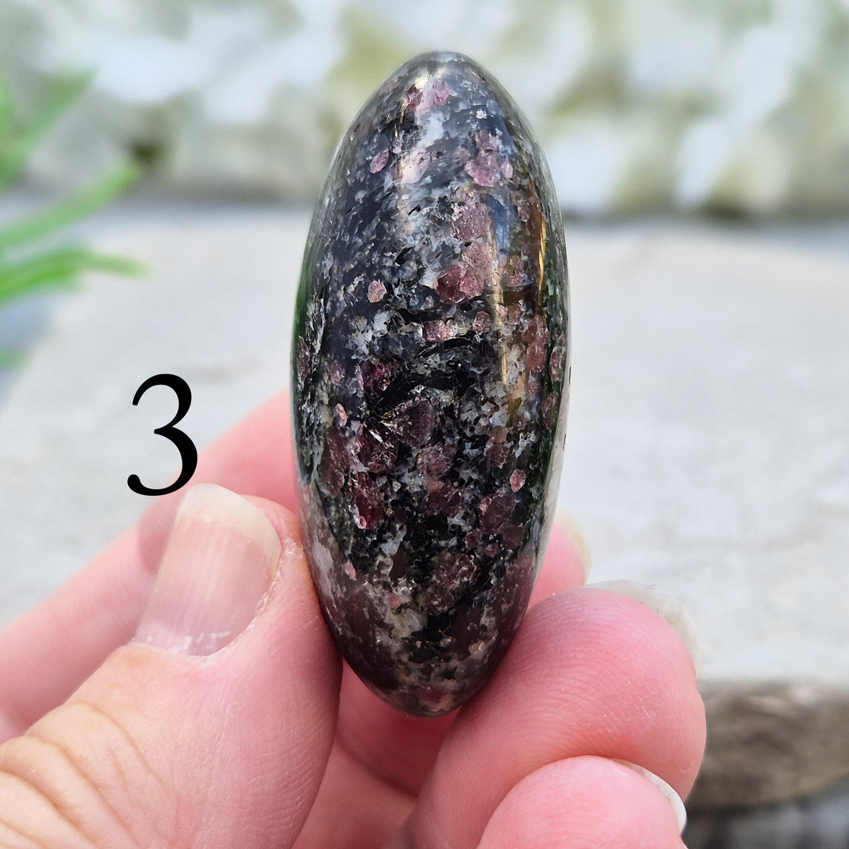 red Garnet in Black Tourmaline palm stone — naturally formed, said to bring grounding, courage and inner strength.