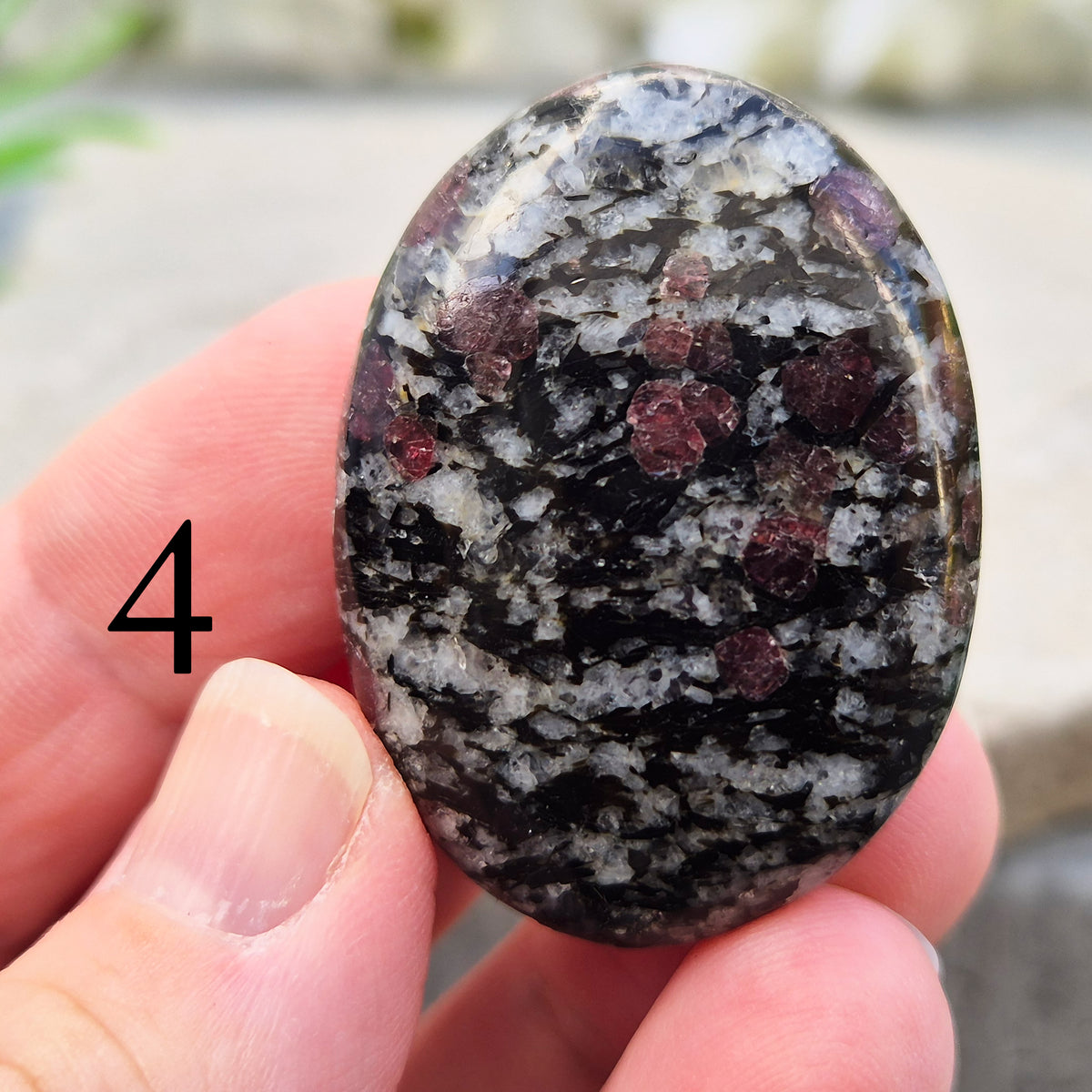 red Garnet in Black Tourmaline palm stone — naturally formed, said to bring grounding, courage and inner strength.