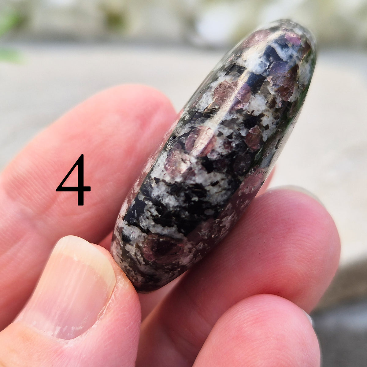 red Garnet in Black Tourmaline palm stone — naturally formed, said to bring grounding, courage and inner strength.