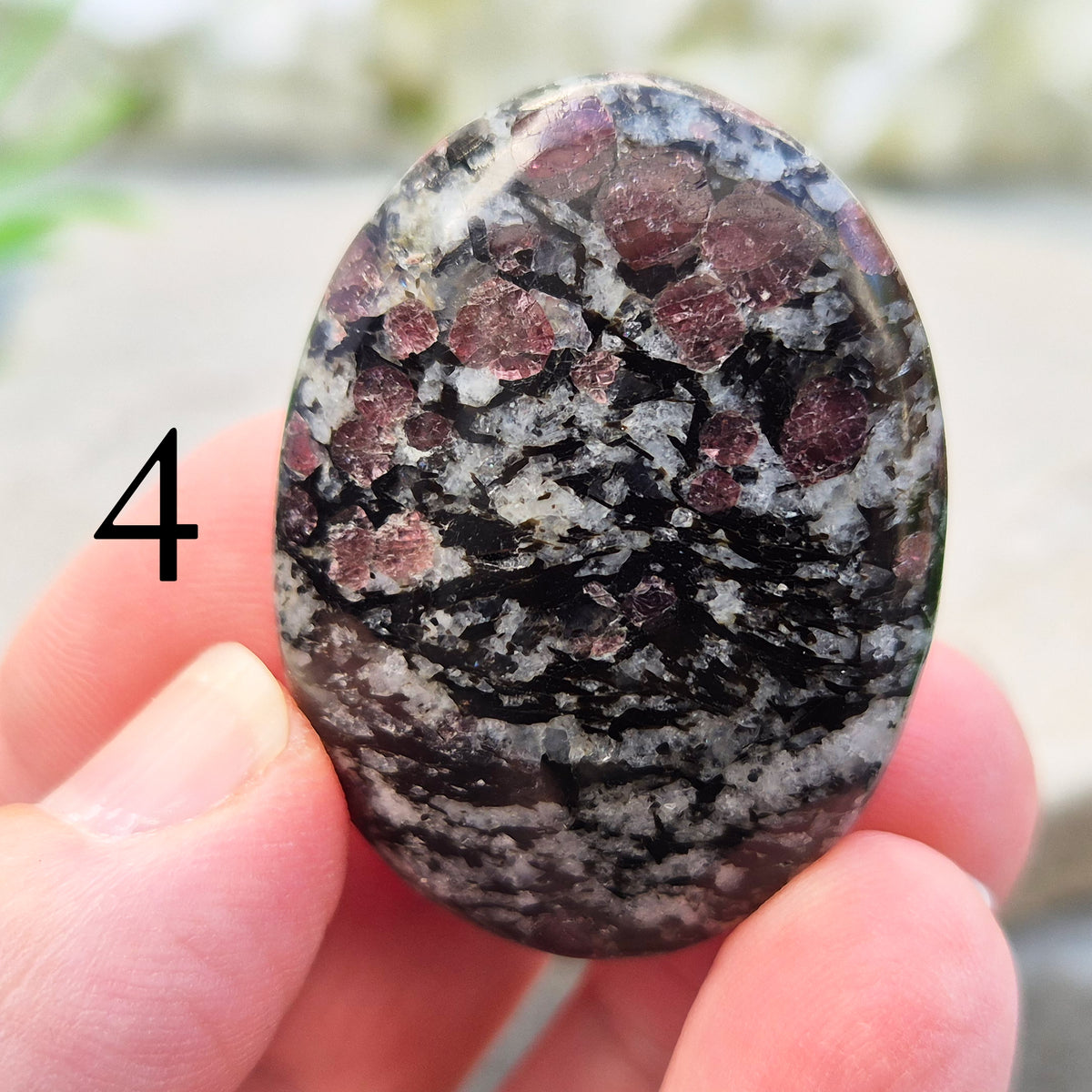red Garnet in Black Tourmaline palm stone — naturally formed, said to bring grounding, courage and inner strength.