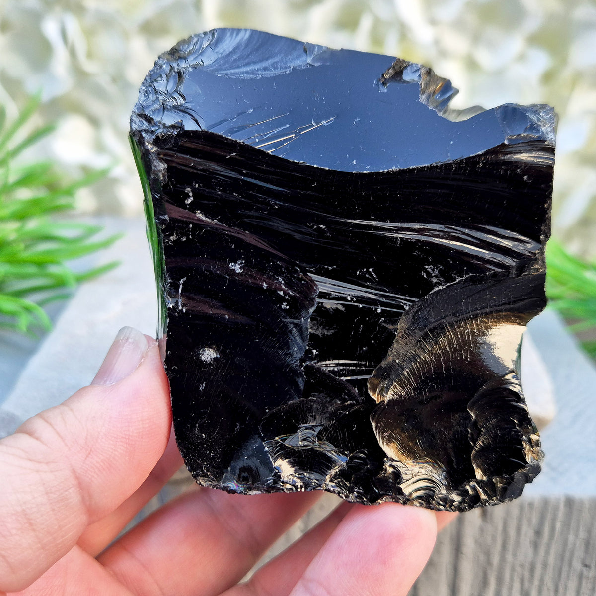 Natural black obsidian freeform from Mexico, known for its grounding presence and protective energy. A striking volcanic glass piece.