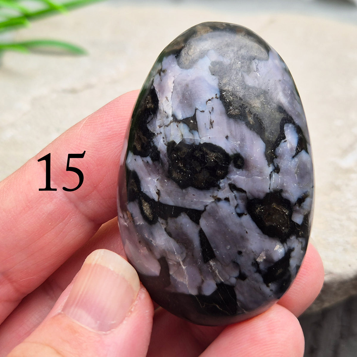 Indigo Gabbro palm stone for grounding, balancing energy, and supporting emotional awareness. Smooth, polished, perfect for meditation or holding.