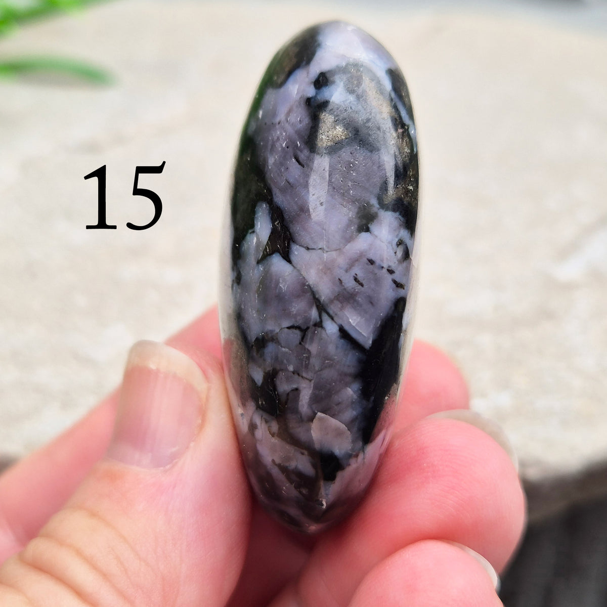 Indigo Gabbro palm stone for grounding, balancing energy, and supporting emotional awareness. Smooth, polished, perfect for meditation or holding.