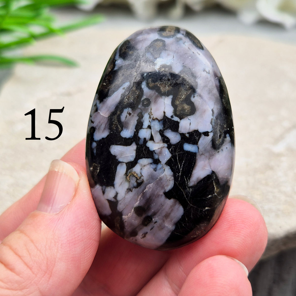 Indigo Gabbro palm stone for grounding, balancing energy, and supporting emotional awareness. Smooth, polished, perfect for meditation or holding.