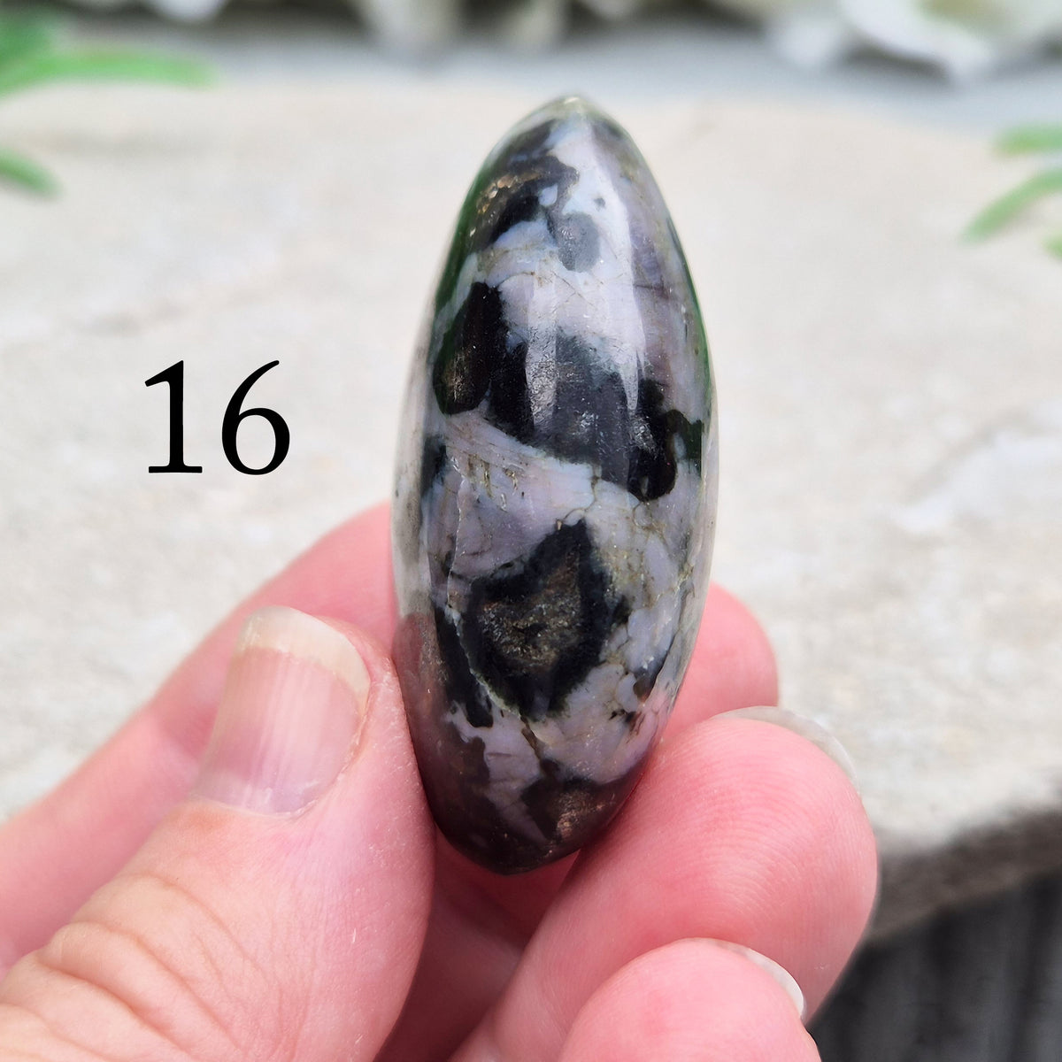 Indigo Gabbro palm stone for grounding, balancing energy, and supporting emotional awareness. Smooth, polished, perfect for meditation or holding.