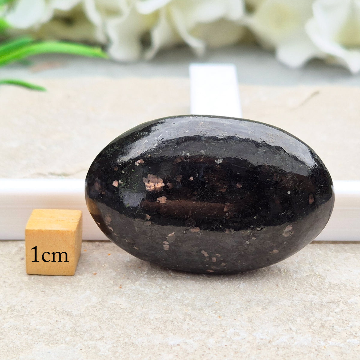 Genuine Nuummite palm stone from Greenland, known as the Sorcerer's Stone. Often associated with protection, intuition, courage and clearing blockages.