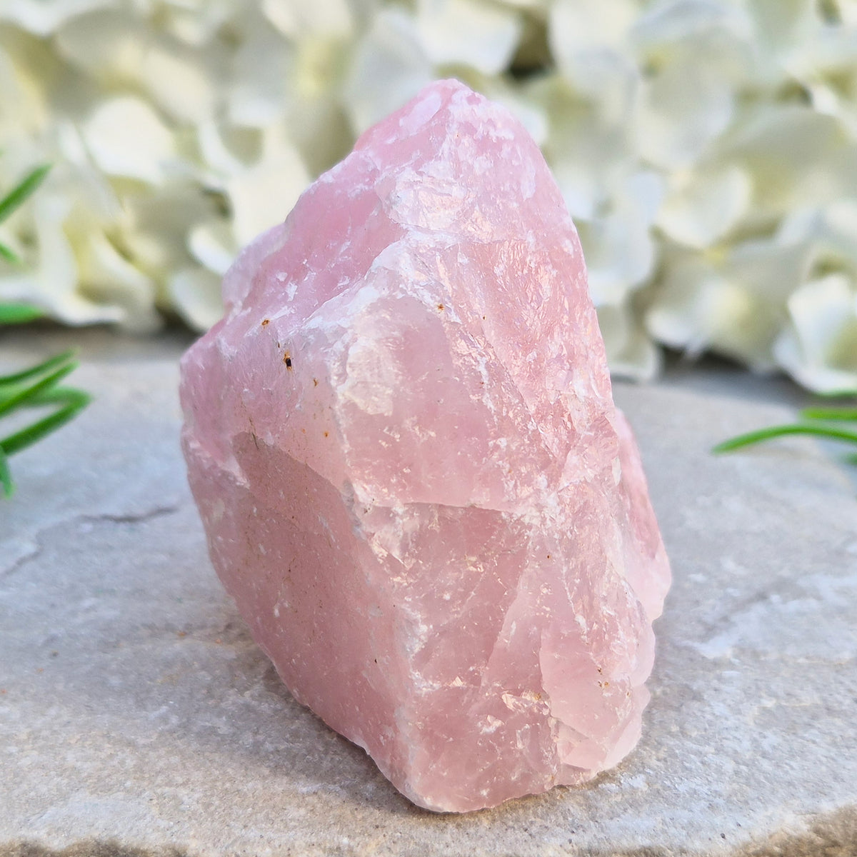 Natural Rose Quartz crystal to display in your home. Promotes calm, self-love, and emotional balance while bringing harmony to your space. 