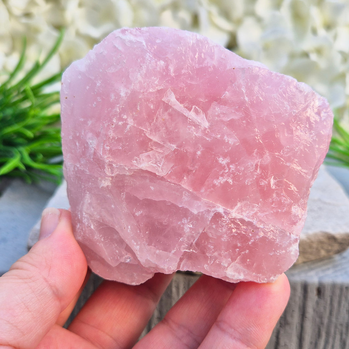 Natural Rose Quartz crystal to display in your home. Promotes calm, self-love, and emotional balance while bringing harmony to your space. 