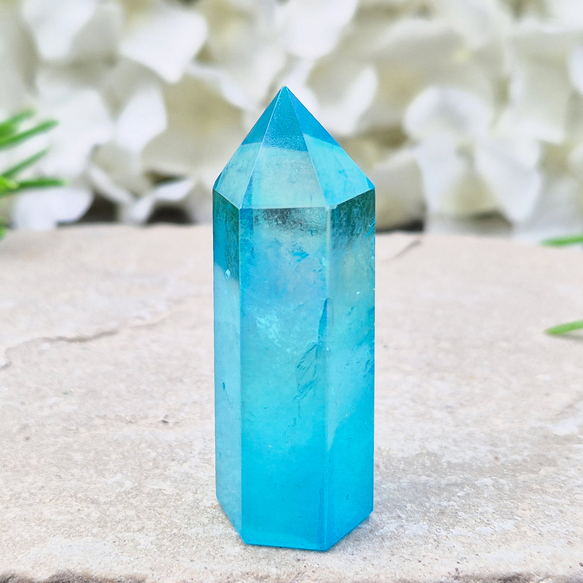 Striking Aqua Aura Point from Brazil. Gold-bonded Quartz for clarity, calm, and communication. High-vibe crystal to uplift and soothe the aura. 