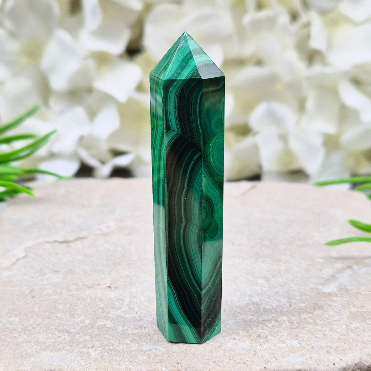Beautiful Malachite Tower featuring natural patterns and vibrant green tones. Ideal for crystal lovers, meditation, and boho home décor.