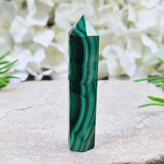 Beautiful Malachite Tower featuring natural patterns and vibrant green tones. Ideal for crystal lovers, meditation, and boho home décor.