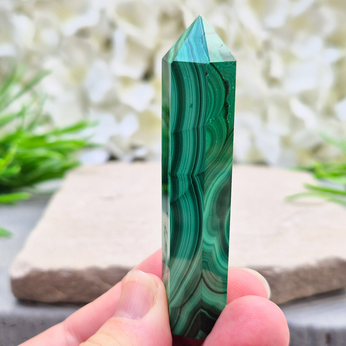 Beautiful Malachite Tower featuring natural patterns and vibrant green tones. Ideal for crystal lovers, meditation, and boho home décor.