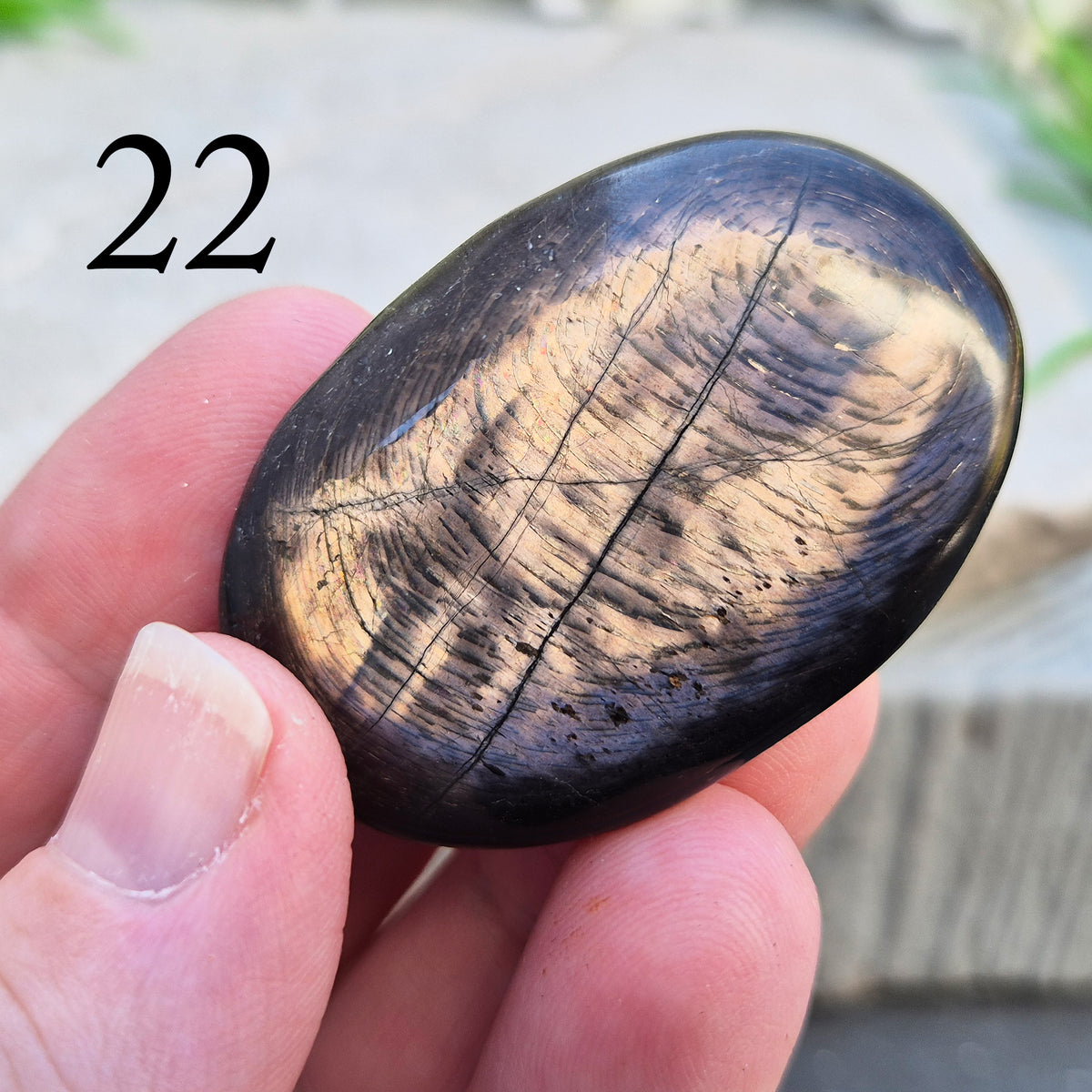 Violet Hypersthene palm stone with a smooth, comforting feel. A grounding crystal often chosen for inner strength, calm focus, and quiet self-reflection.