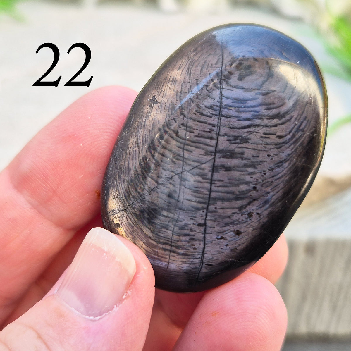 Violet Hypersthene palm stone with a smooth, comforting feel. A grounding crystal often chosen for inner strength, calm focus, and quiet self-reflection.