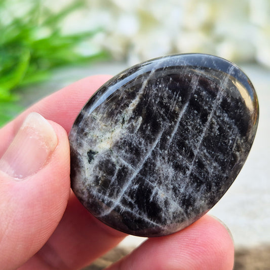 Black Moonstone Palm Stone, valued for its connection to the moon’s energy. Perfect for enhancing intuition, emotional healing, and balancing energy.