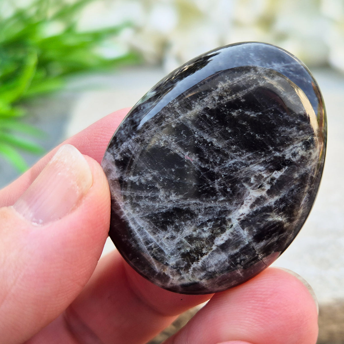 Black Moonstone Palm Stone, valued for its connection to the moon’s energy. Perfect for enhancing intuition, emotional healing, and balancing energy.