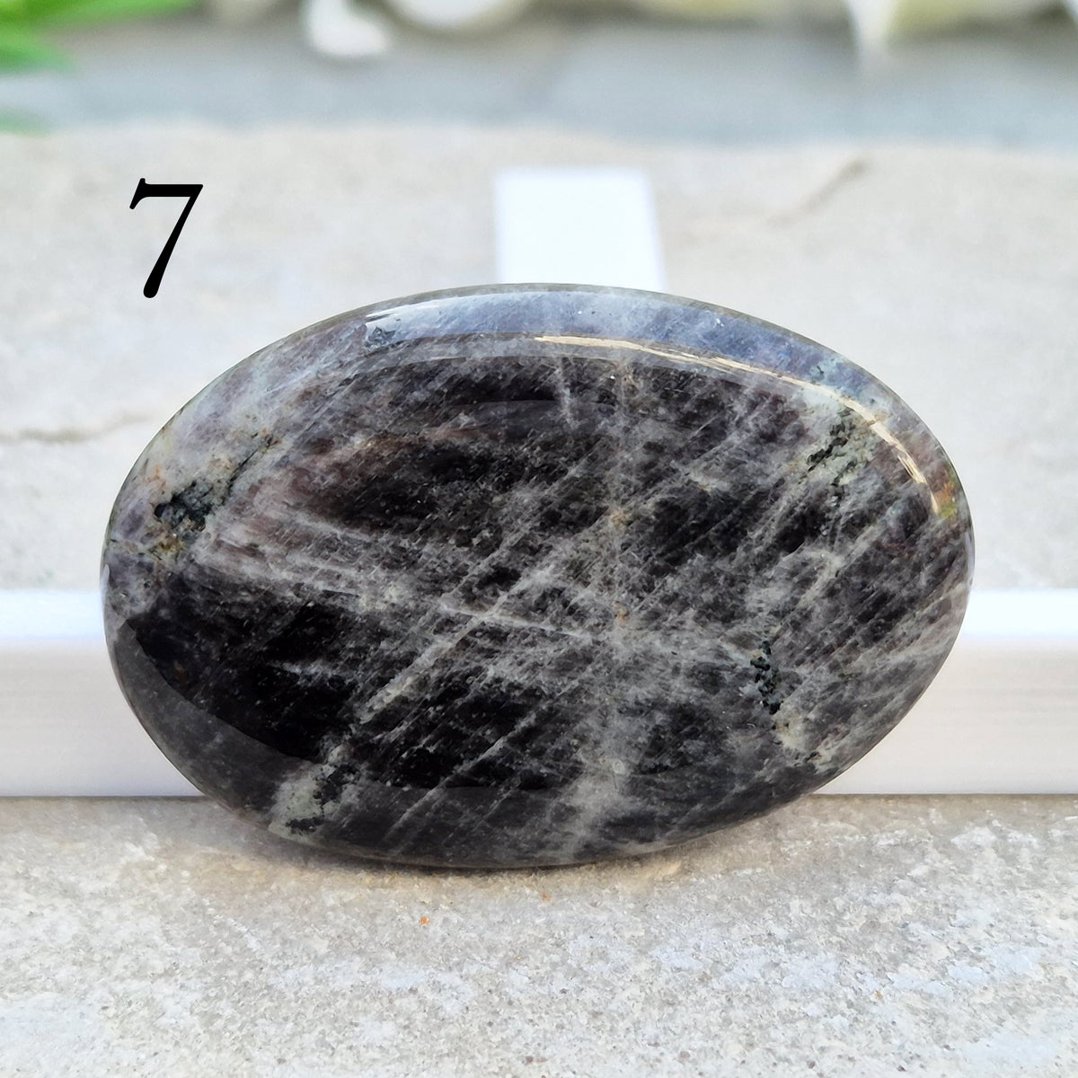 Black Moonstone Palm Stone, valued for its connection to the moon’s energy. Perfect for enhancing intuition, emotional healing, and balancing energy.