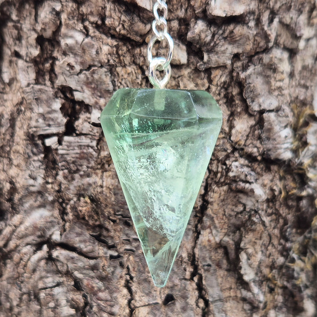 Hand-picked green fluorite crystal pendulum for dowsing, meditation and intuitive questions. Often reached for when you want a clearer, calmer head.