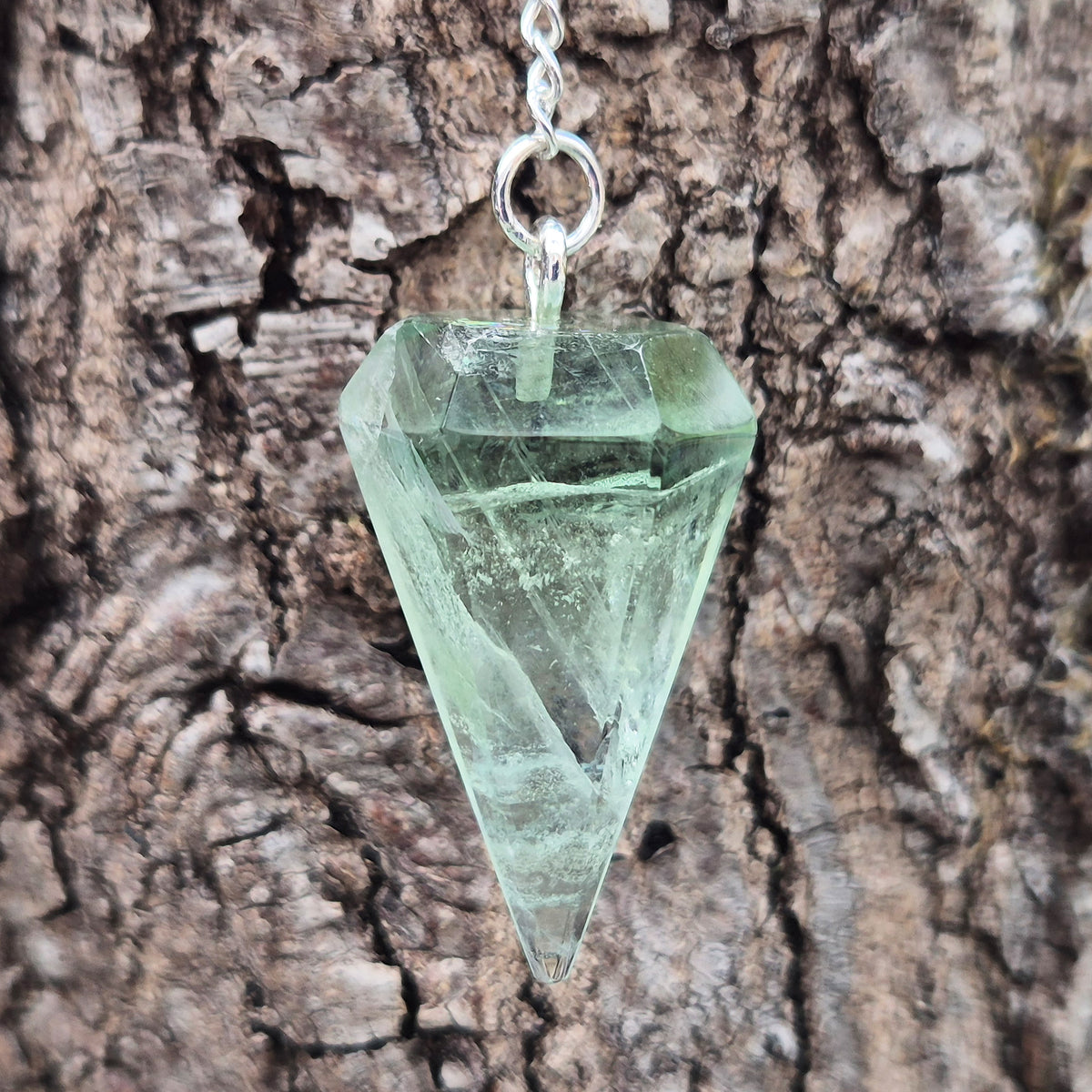 Hand-picked green fluorite crystal pendulum for dowsing, meditation and intuitive questions. Often reached for when you want a clearer, calmer head.