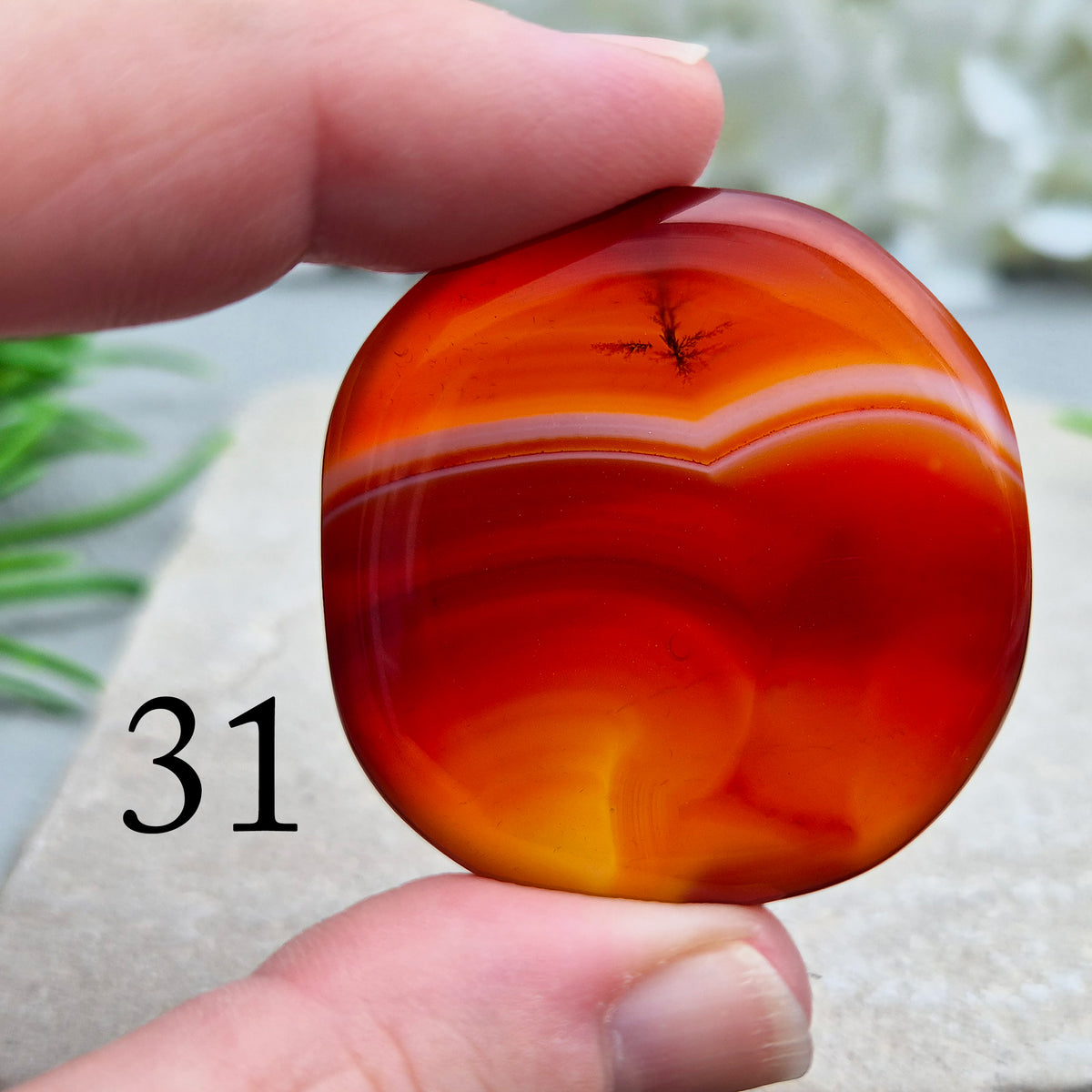 Banded Carnelian palm stone that is said to help Boost motivation, confidence and creativity. Grounding Root and Sacral crystal for energy and focus.