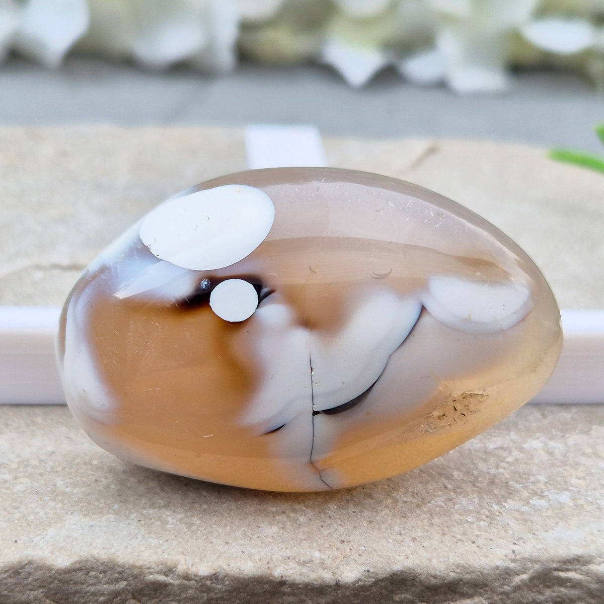this orca agate has honey-caramel colouring and white markings. No two pieces show the same pattern and colouring.