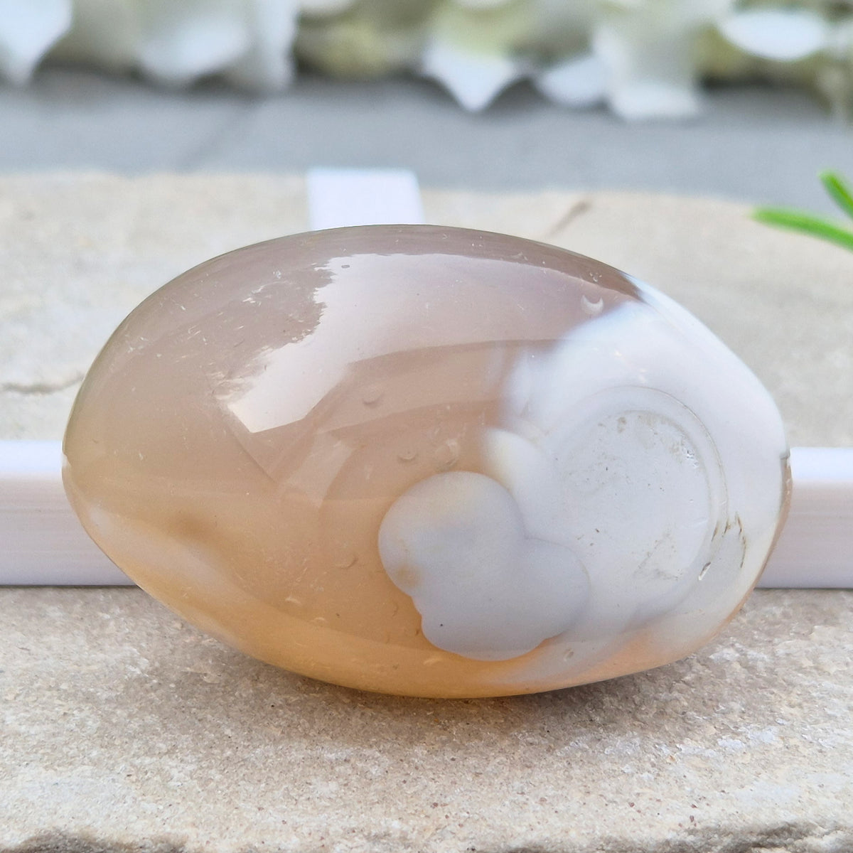 this orca agate has honey-caramel colouring and white markings. No two pieces show the same pattern and colouring.