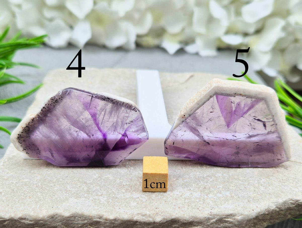 One-of-a-kind Vortex Amethyst slices with a natural trapiche-like radial pattern. Polished amethyst with unique internal colour zoning. Collectors crystal.