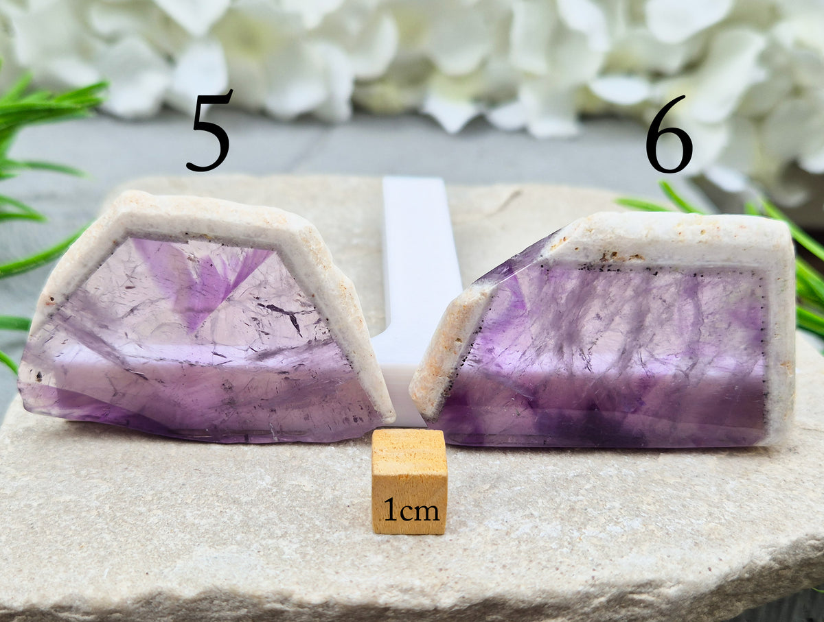 One-of-a-kind Vortex Amethyst slices with a natural trapiche-like radial pattern. Polished amethyst with unique internal colour zoning. Collectors crystal.