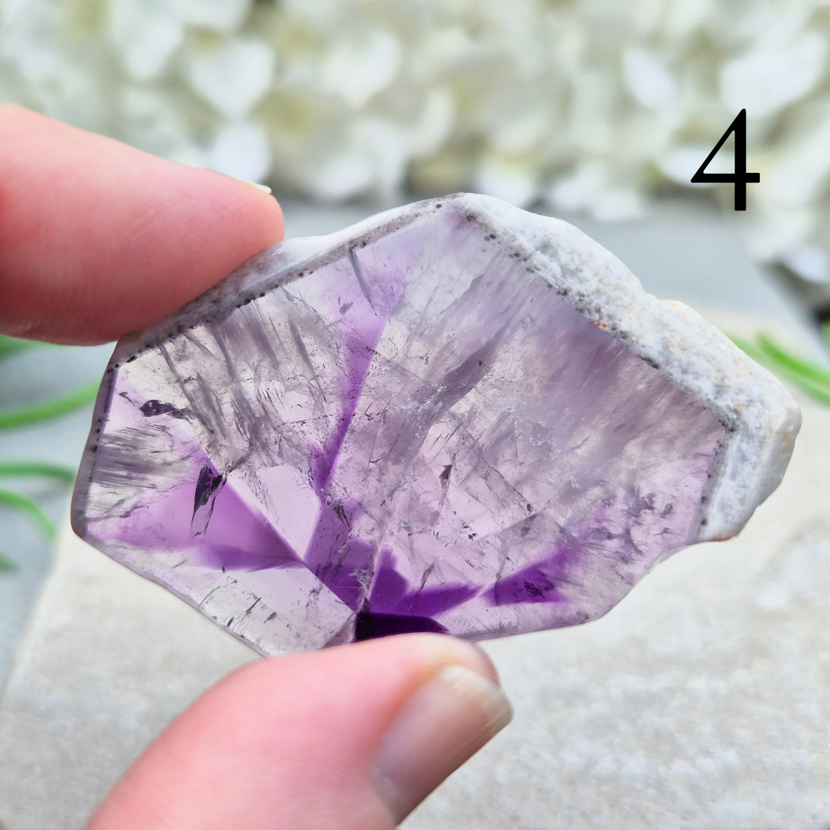 One-of-a-kind Vortex Amethyst slices with a natural trapiche-like radial pattern. Polished amethyst with unique internal colour zoning. Collectors crystal.
