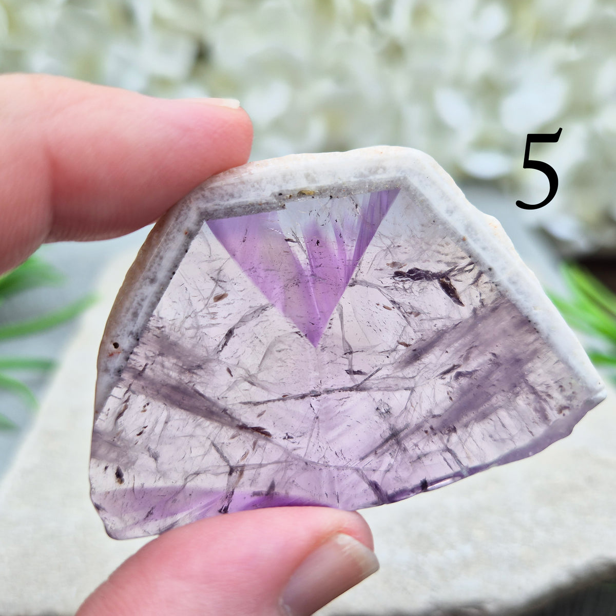 One-of-a-kind Vortex Amethyst slices with a natural trapiche-like radial pattern. Polished amethyst with unique internal colour zoning. Collectors crystal.