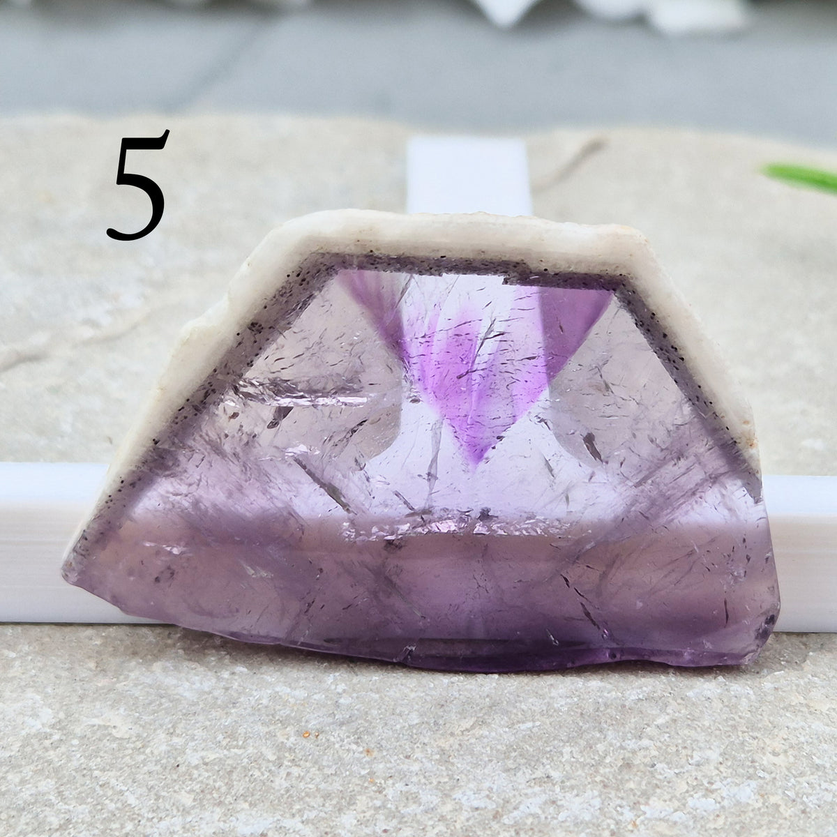 One-of-a-kind Vortex Amethyst slices with a natural trapiche-like radial pattern. Polished amethyst with unique internal colour zoning. Collectors crystal.