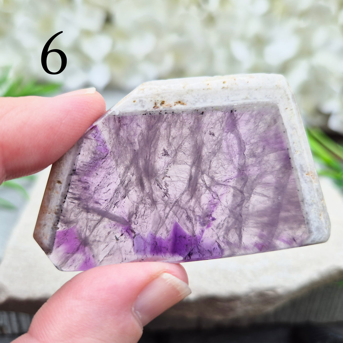 One-of-a-kind Vortex Amethyst slices with a natural trapiche-like radial pattern. Polished amethyst with unique internal colour zoning. Collectors crystal.