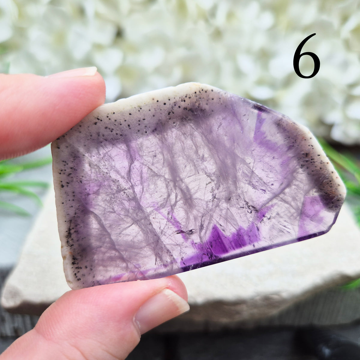 One-of-a-kind Vortex Amethyst slices with a natural trapiche-like radial pattern. Polished amethyst with unique internal colour zoning. Collectors crystal.