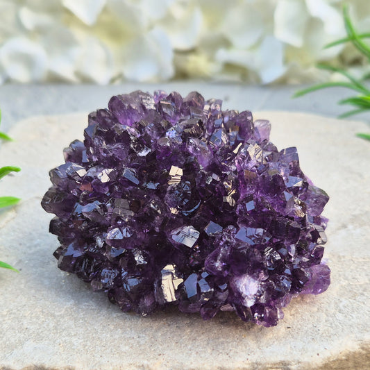 Amethyst stalactite cluster with dense dark amethyst crystal points and a rosette-like banded base, hand-picked by Elysian Crystals, an independent UK crystal shop.