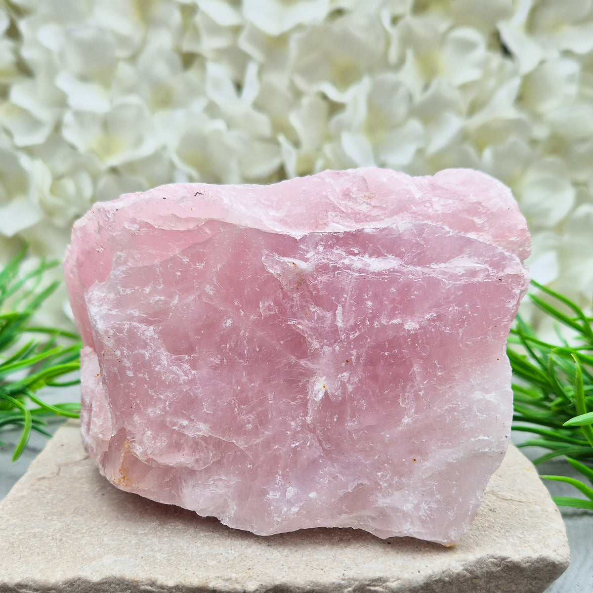 Natural Rose Quartz crystal to display in your home. Promotes calm, self-love, and emotional balance while bringing harmony to your space.