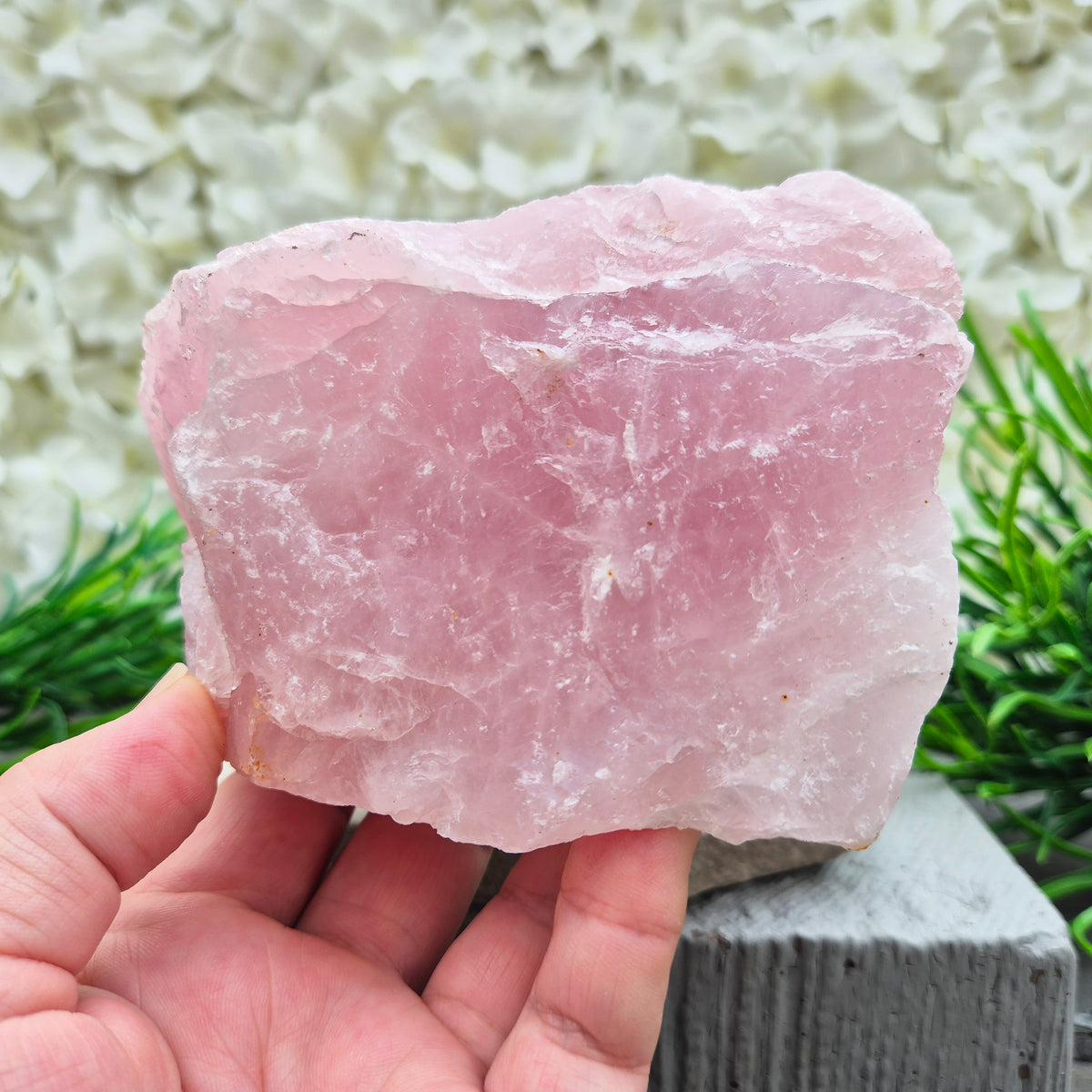 Natural Rose Quartz crystal to display in your home. Promotes calm, self-love, and emotional balance while bringing harmony to your space.