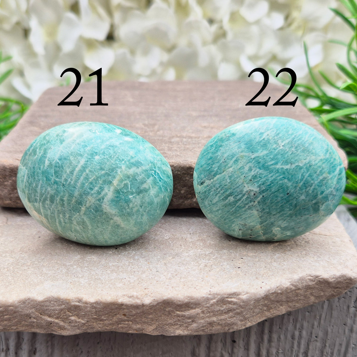 Polished Amazonite galets with calming, balanced energy. Ideal for easing stress, open communication, and supportive everyday use. 