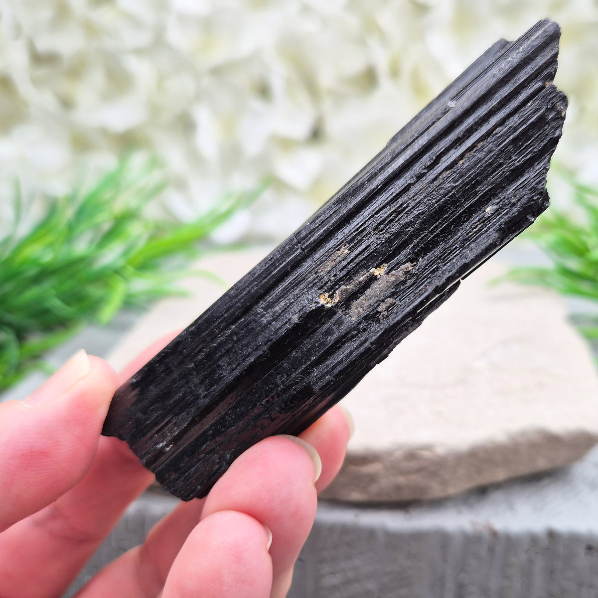 Natural Black Tourmaline crystal. Strong protective crystal that helps you feel safe, calm, clear-minded, and emotionally strong.