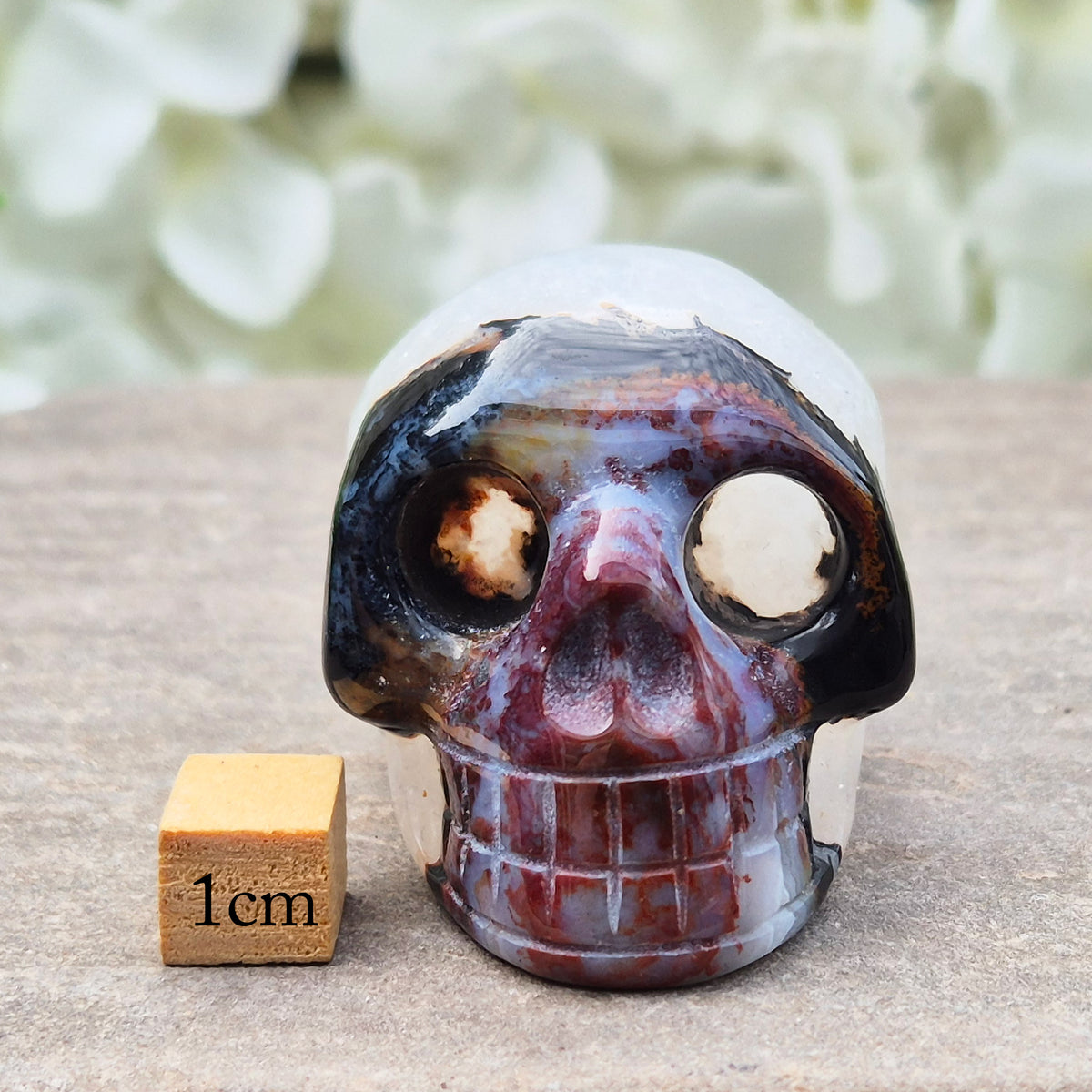 Polished Sardonyx crystal skull. Grounding stone for strength, discipline and protection. Supports focus, stability and confident decision-making.