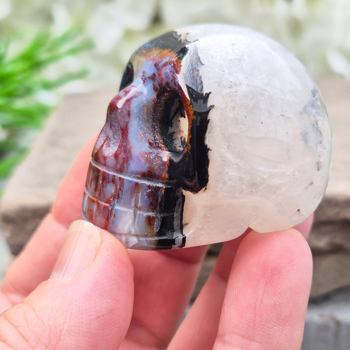 Polished Sardonyx crystal skull. Grounding stone for strength, discipline and protection. Supports focus, stability and confident decision-making.