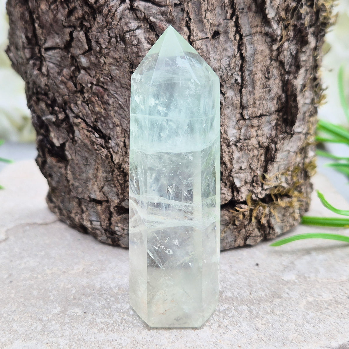 Green Fluorite tower with six-sided generator tip. Supports focus, balance, and mental clarity. A calming crystal for your space or collection. UK home decor.