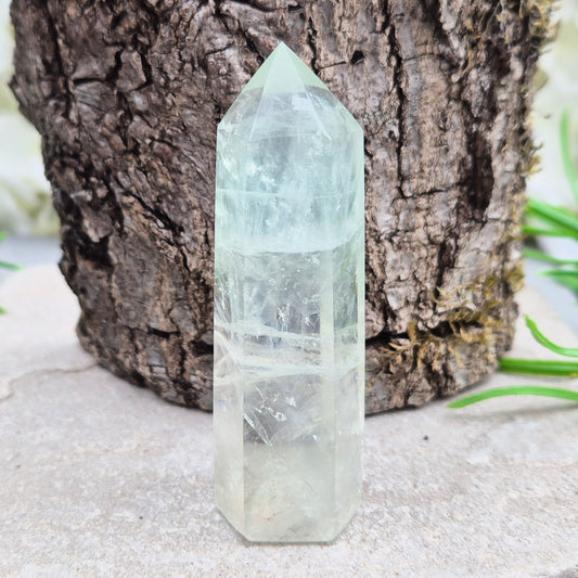 Green Fluorite tower with six-sided generator tip. Supports focus, balance, and mental clarity. A calming crystal for your space or collection. UK home decor.