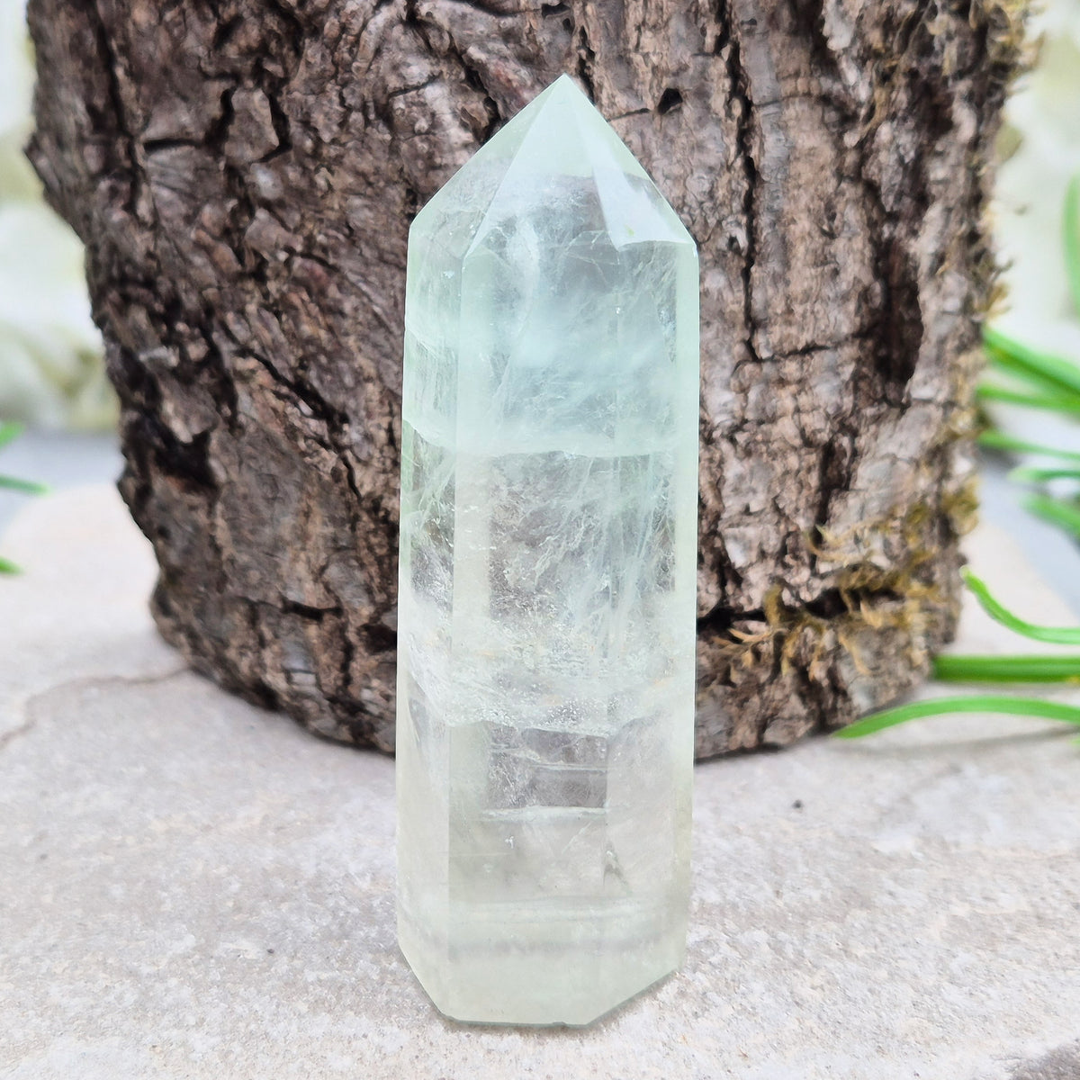 Green Fluorite tower with six-sided generator tip. Supports focus, balance, and mental clarity. A calming crystal for your space or collection. UK home decor.