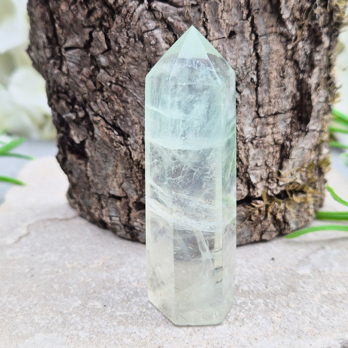 Green Fluorite tower with six-sided generator tip. Supports focus, balance, and mental clarity. A calming crystal for your space or collection. UK home decor.