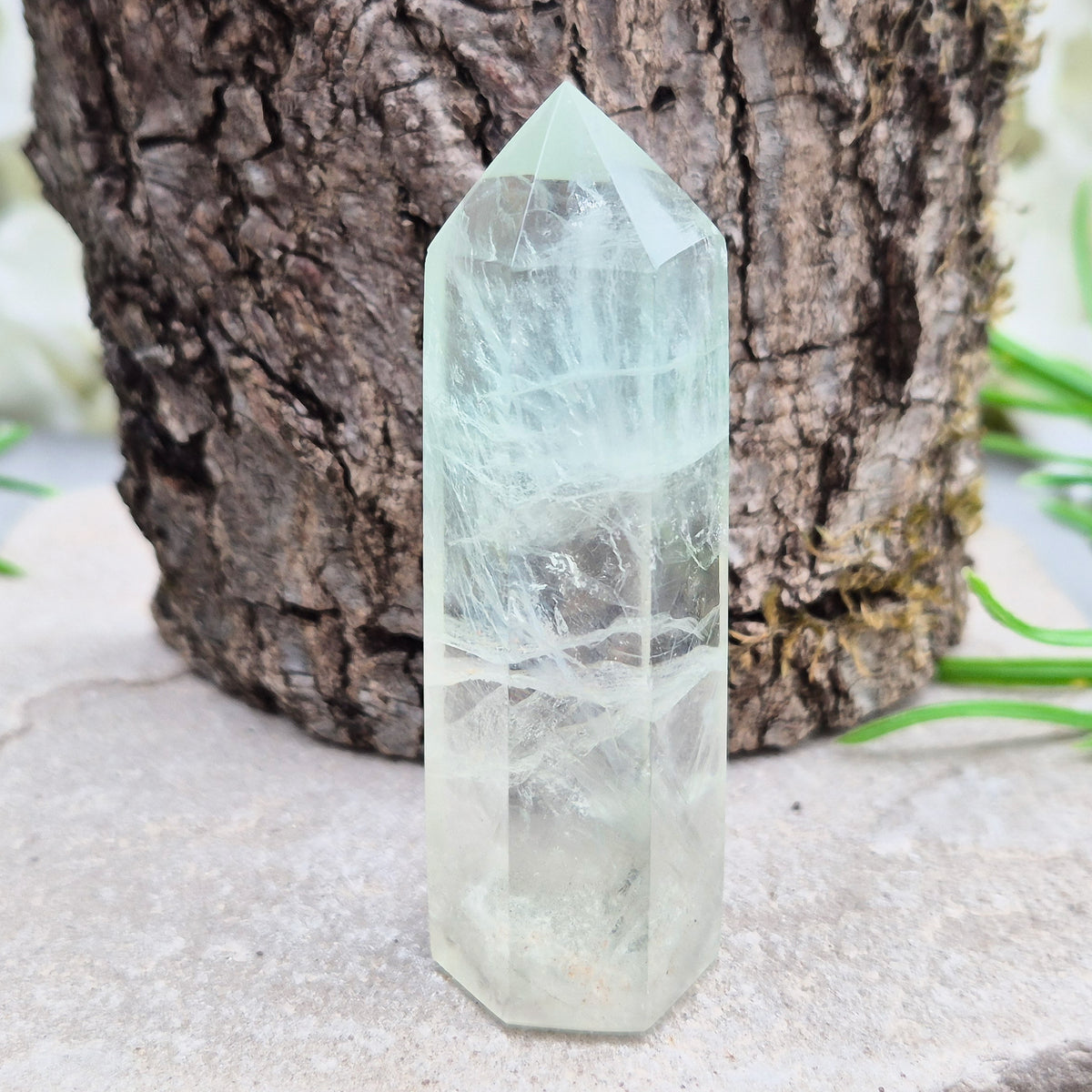 Green Fluorite tower with six-sided generator tip. Supports focus, balance, and mental clarity. A calming crystal for your space or collection. UK home decor.