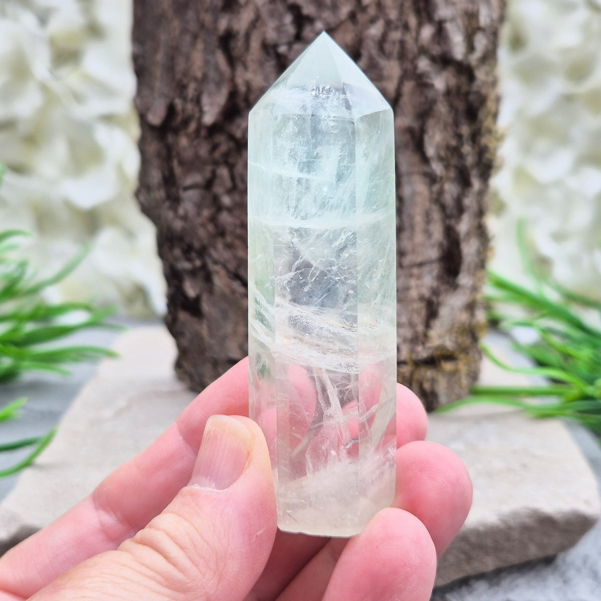 Green Fluorite tower with six-sided generator tip. Supports focus, balance, and mental clarity. A calming crystal for your space or collection. UK home decor.