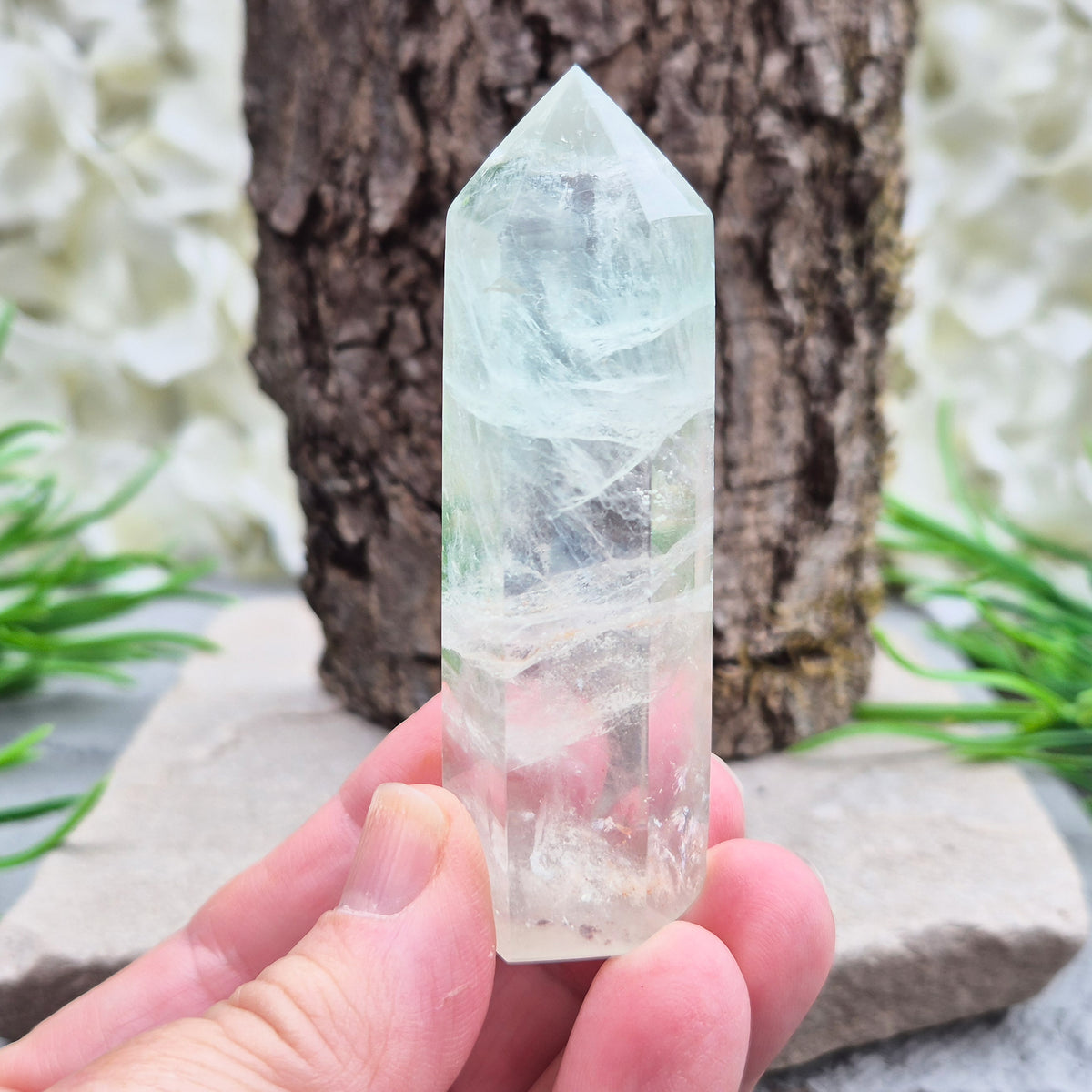 Green Fluorite tower with six-sided generator tip. Supports focus, balance, and mental clarity. A calming crystal for your space or collection. UK home decor.