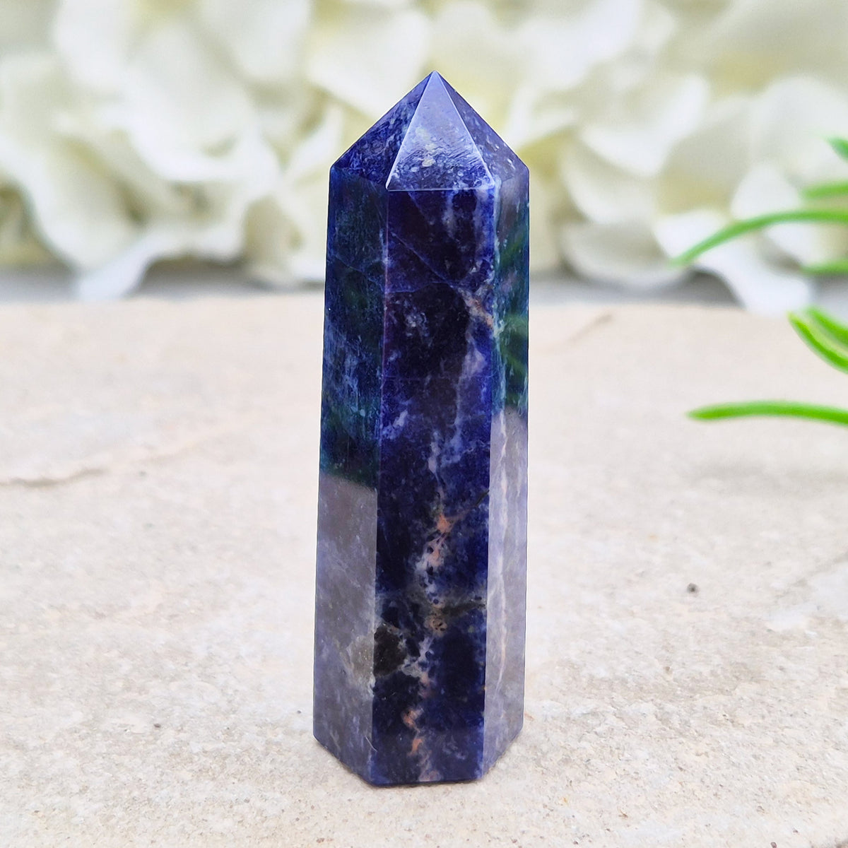 Sodalite Point – Inspires clarity, balance & confidence. Ideal for focus, reflection & crystal collections. Beautiful deep blue hues. A grade.