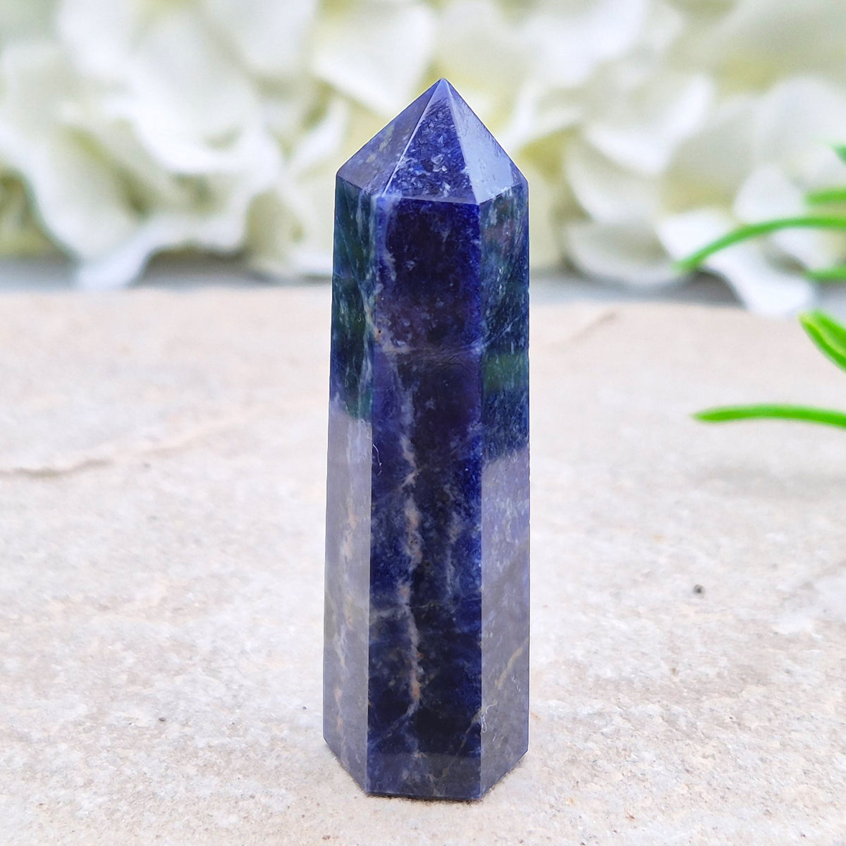 Sodalite Point – Inspires clarity, balance & confidence. Ideal for focus, reflection & crystal collections. Beautiful deep blue hues. A grade.