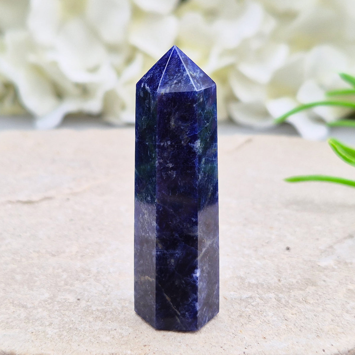 Sodalite Point – Inspires clarity, balance & confidence. Ideal for focus, reflection & crystal collections. Beautiful deep blue hues. A grade.